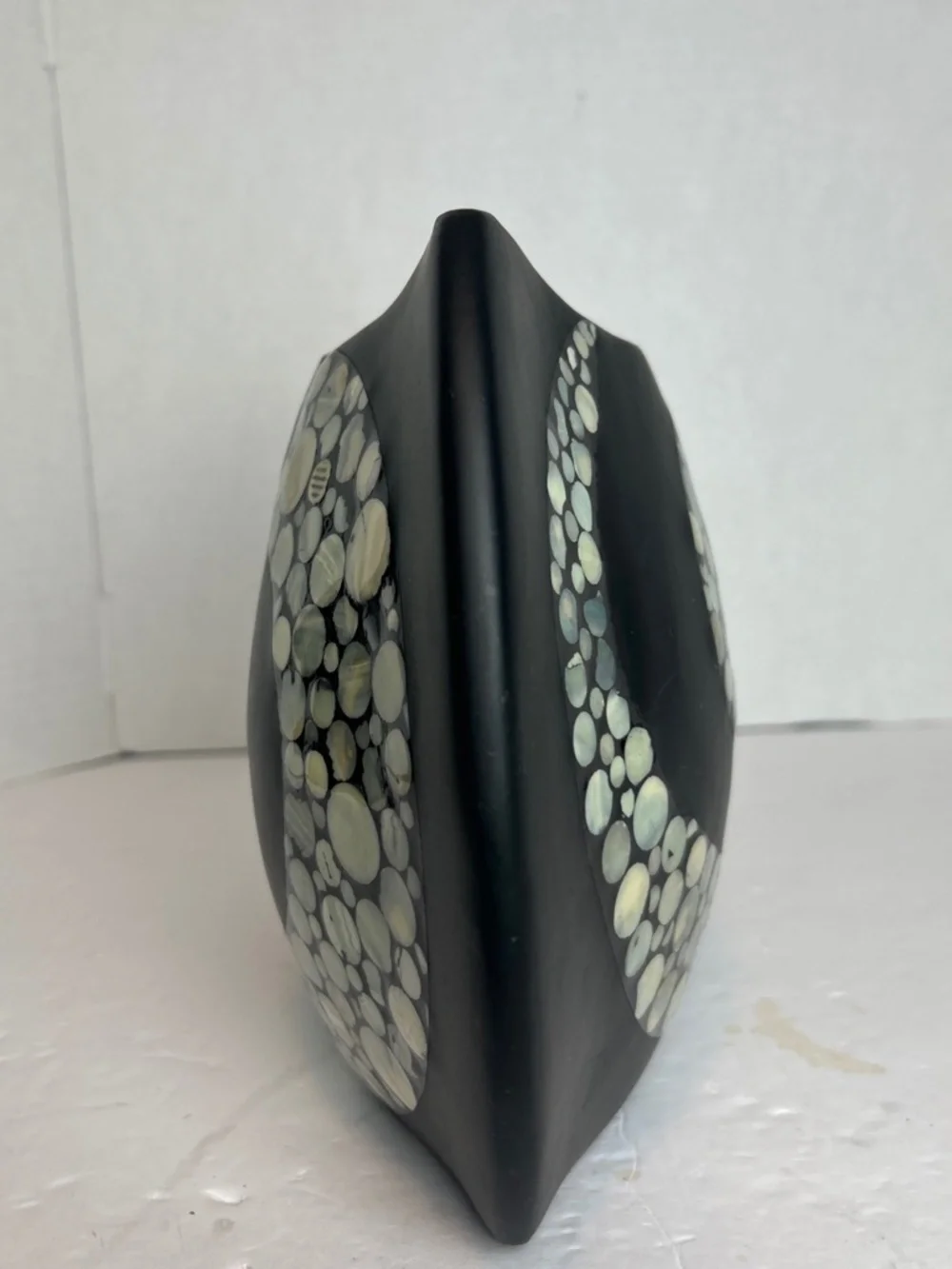 Black Ceramic Vase Vessel Intricate Mother of Pearl Inlay Swirl MCM Art Deco 8